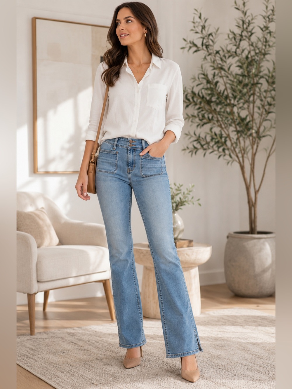 LOFT Slim Flare Jeans 30 Petite Medium Wash Double Button Mid Rise Denim